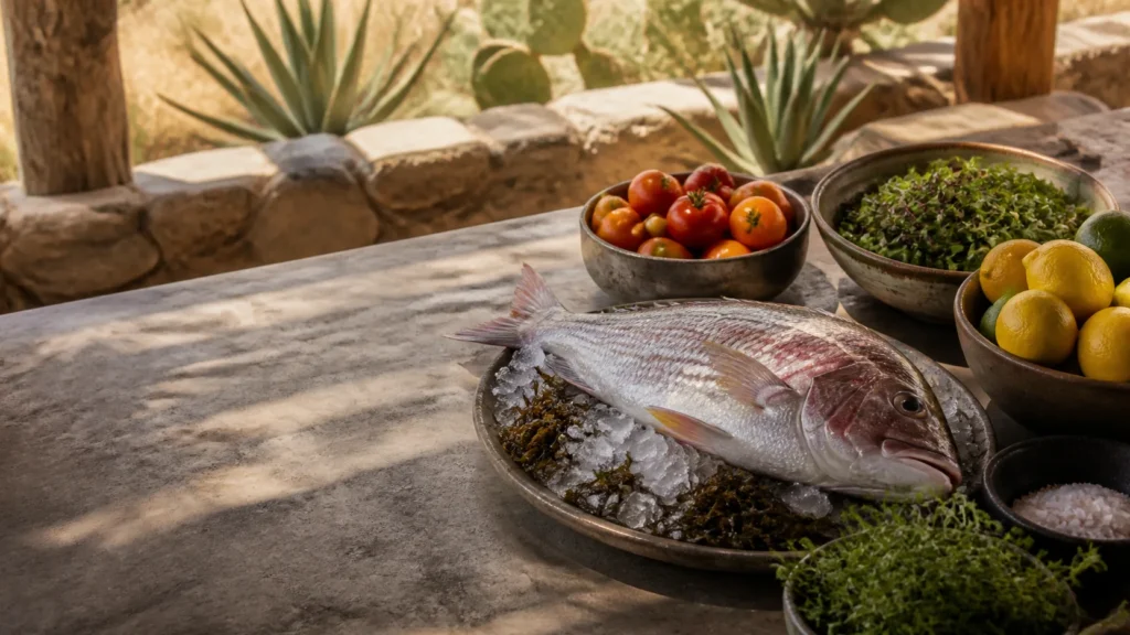 AI-generated editorial visualization of Connect sea and desert through a named culinary voice.