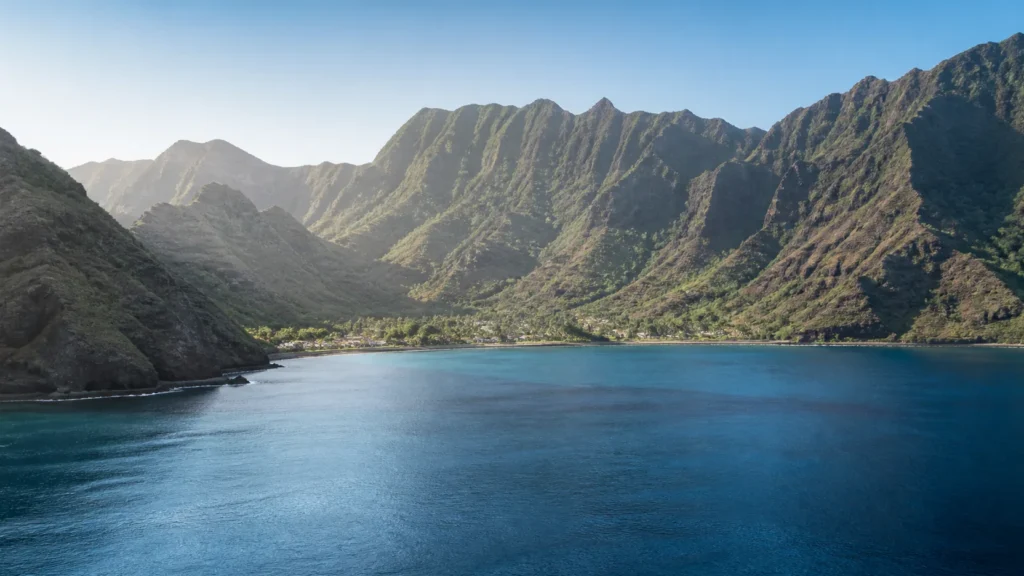 AI-generated editorial visualization of Base on Nuku Hiva for scale and northern depth.