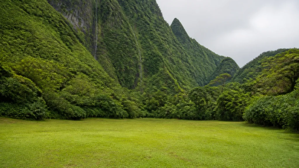 AI visualization of a stone-free grass clearing beneath steep green volcanic walls in a Hatiheu context