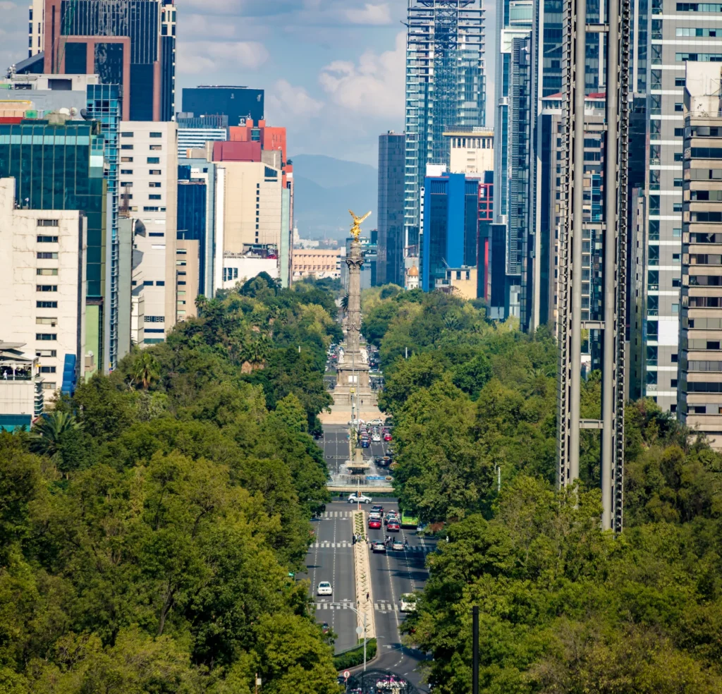 Aerial view of Paseo de La Reforma avenue and Angel of Independence Monument - Mexico City, Mexico
