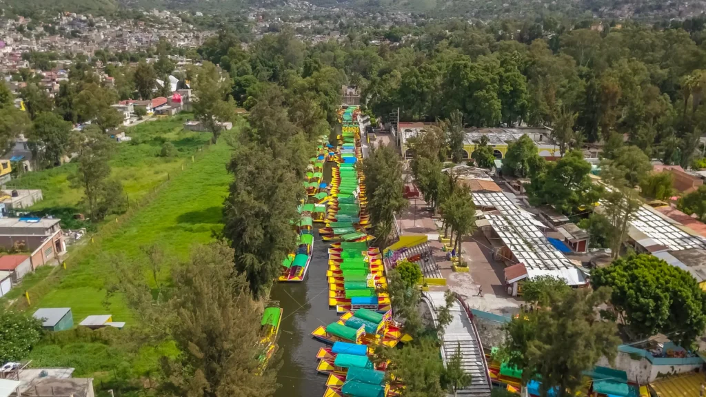 Beautiful Aerial View Of The Xochimilco Mexico And Its Traditional Boats