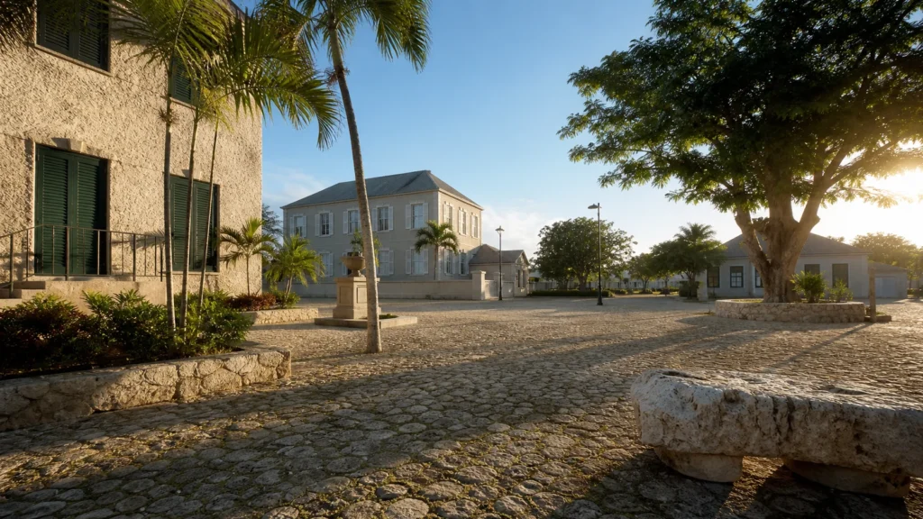 AI-generated editorial visualization of Read Sam Sharpe Square with a Jamaican historian.