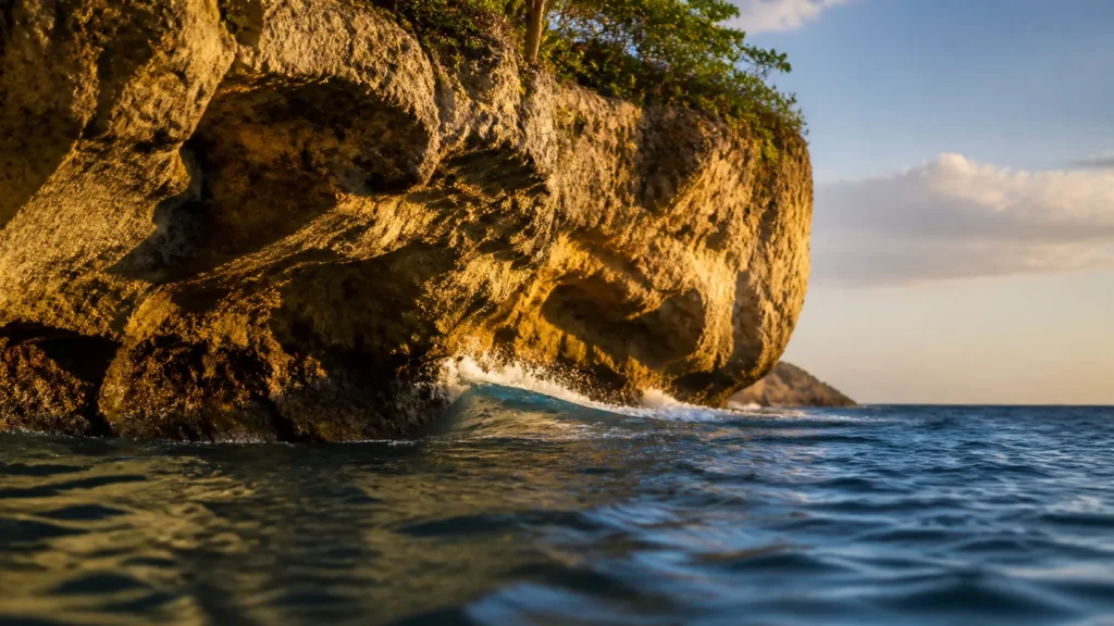 AI-generated editorial visualization of Read Negril from beach shelf to limestone cliff.