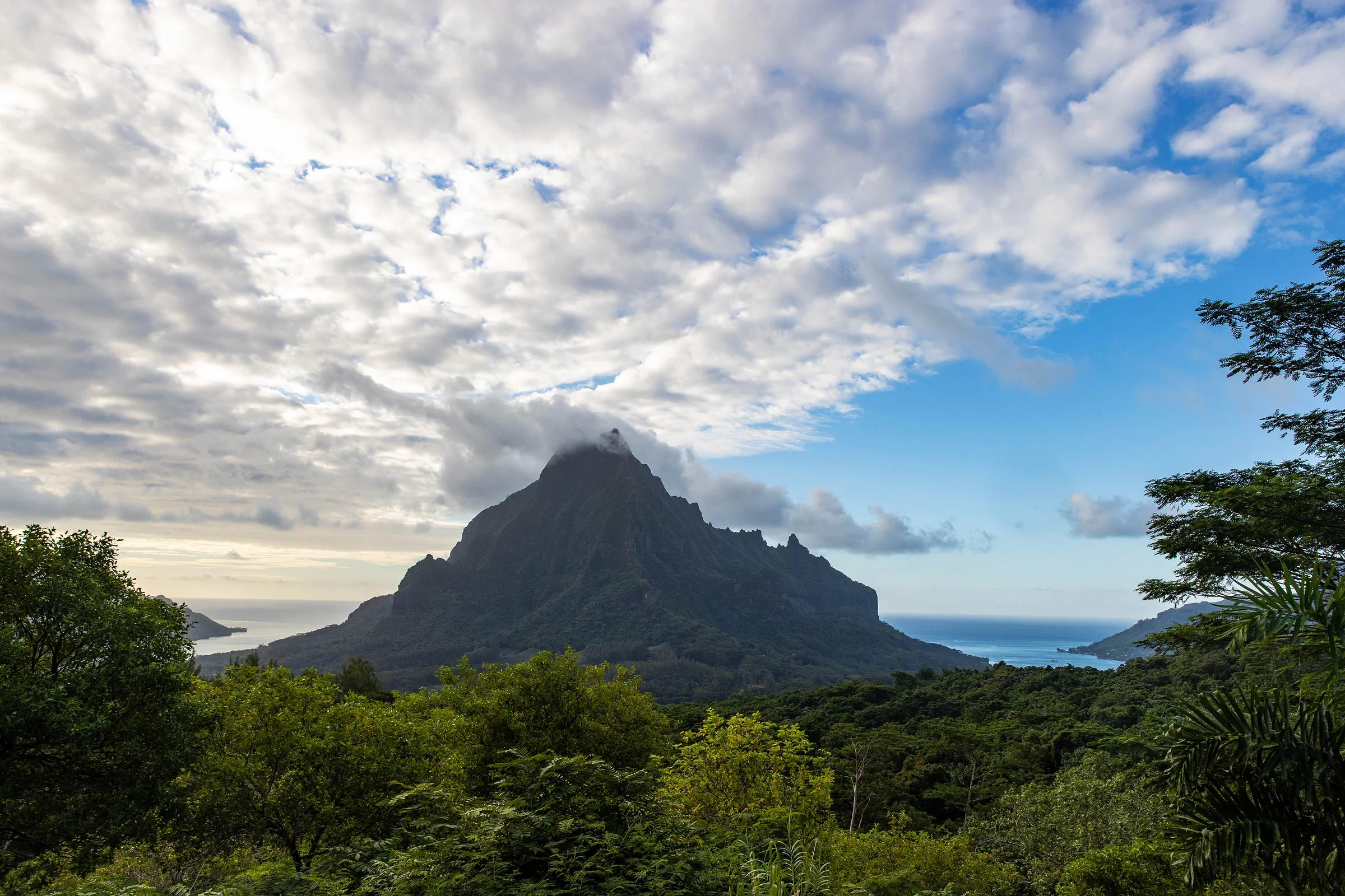 Lush Green Mountain Overlooking Tropical Blue Waters