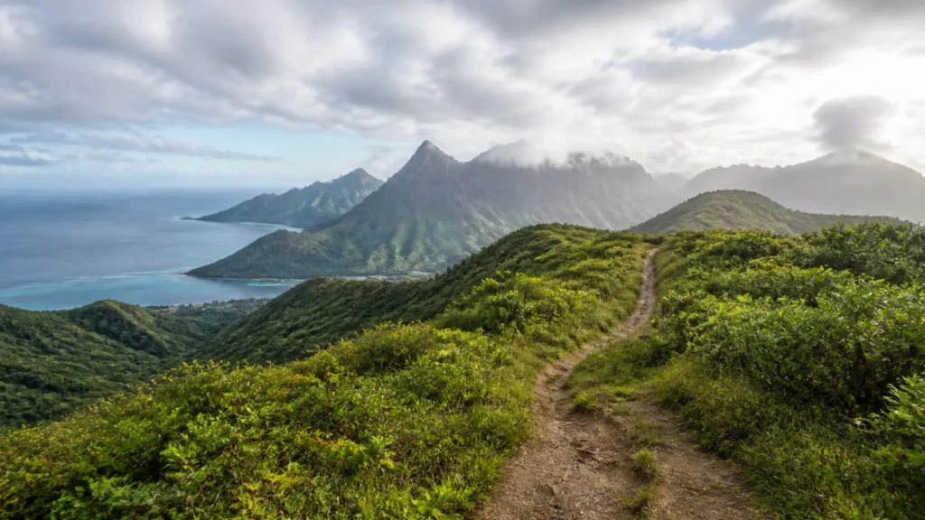AI-generated editorial visualization of Walk one ridge or valley route at the right scale.