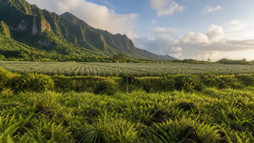 AI-generated editorial visualization of a Moorea pineapple-growing landscape viewed across a deliberately rough uncultivated buffer outside the cultivated rows; not an exact farm, parcel boundary, trail, road, crop, grower, access, harvest or current-condition record.