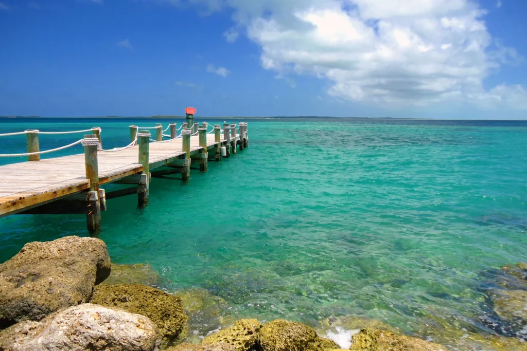 Pier into the turquoise waters of an island paradise in the Bahamas, Caribbean Sea