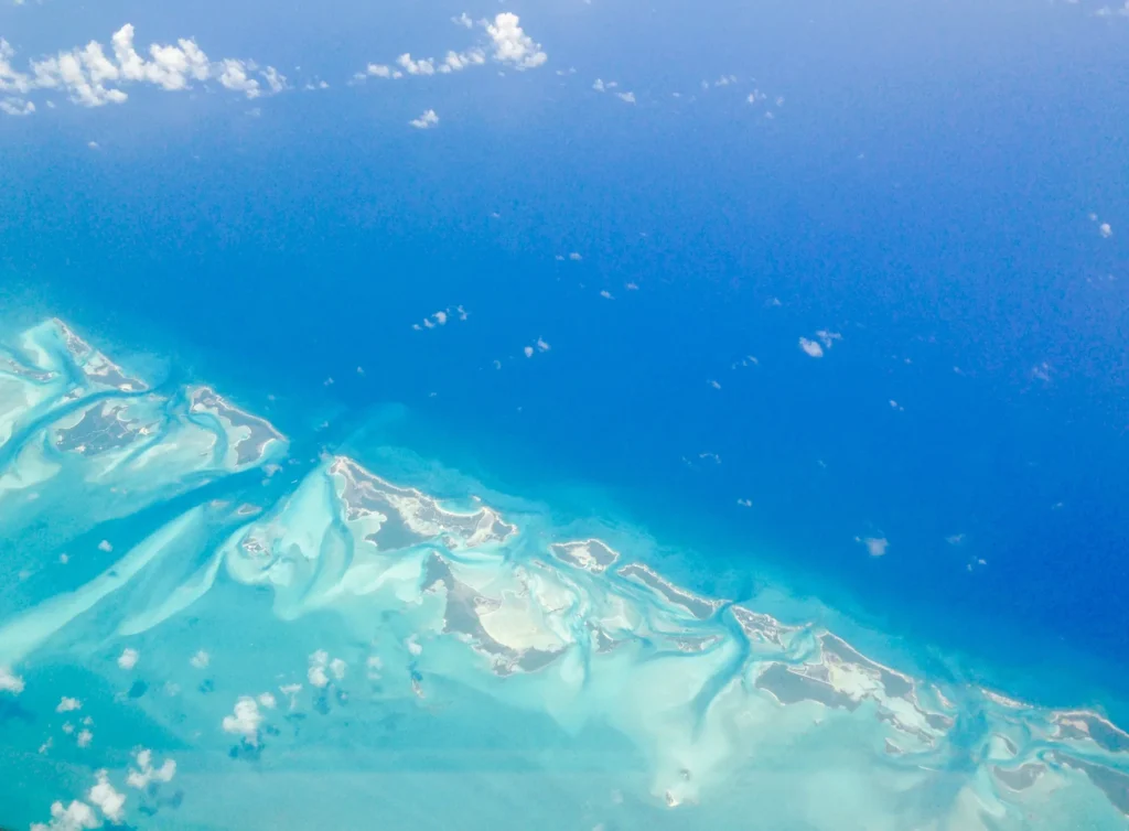 Caribbean islands. Aqua blue. Vacation air travel.