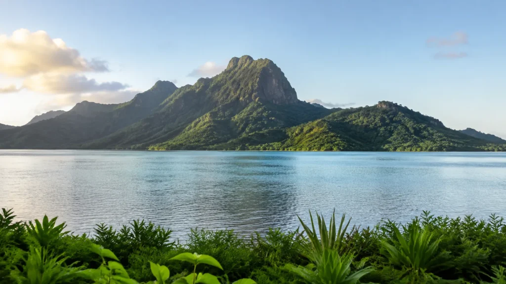 AI visualization of a luminous lagoon and steep forested Raiatea relief viewed beyond low vegetation