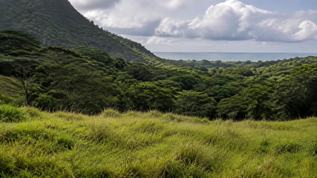 AI visualization of uninterrupted grass, a deep forested Raiatea valley edge and a narrow distant lagoon band
