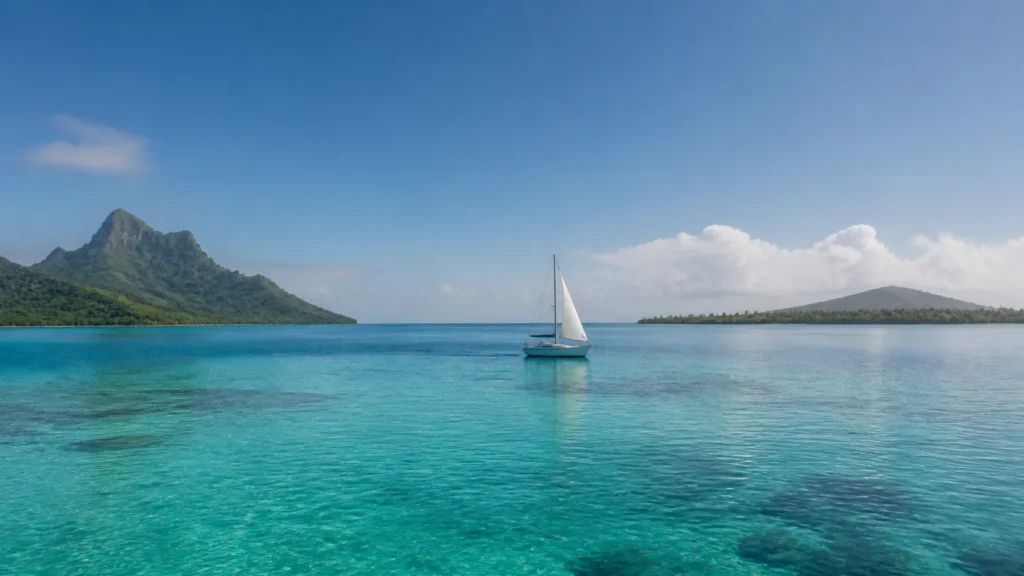 AI-generated editorial visualization of Cross the shared lagoon under a verified crew.