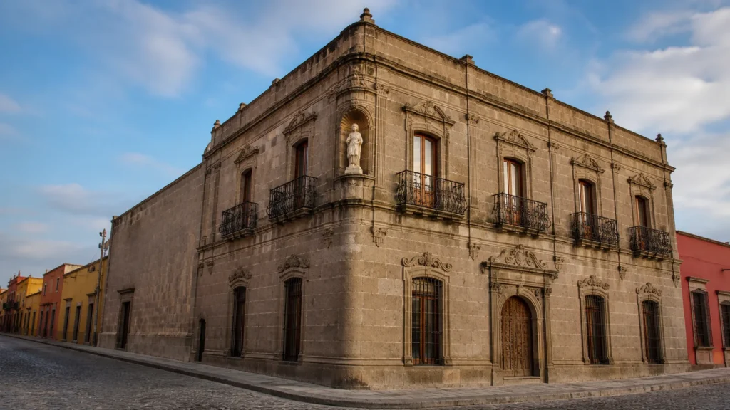 AI-generated editorial visualization of the public exterior of Museo Histórico Casa de Allende, grounded in its documented two-story Baroque-to-Neoclassical corner-house form; not an exact current-condition, access, signage, restoration or documentary record.