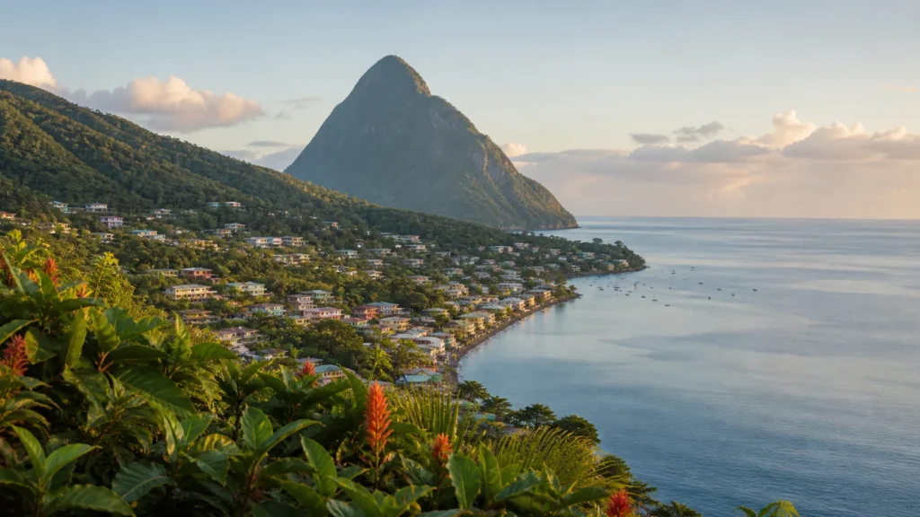 AI-generated editorial visualization of Soufriere, Saint Lucia.