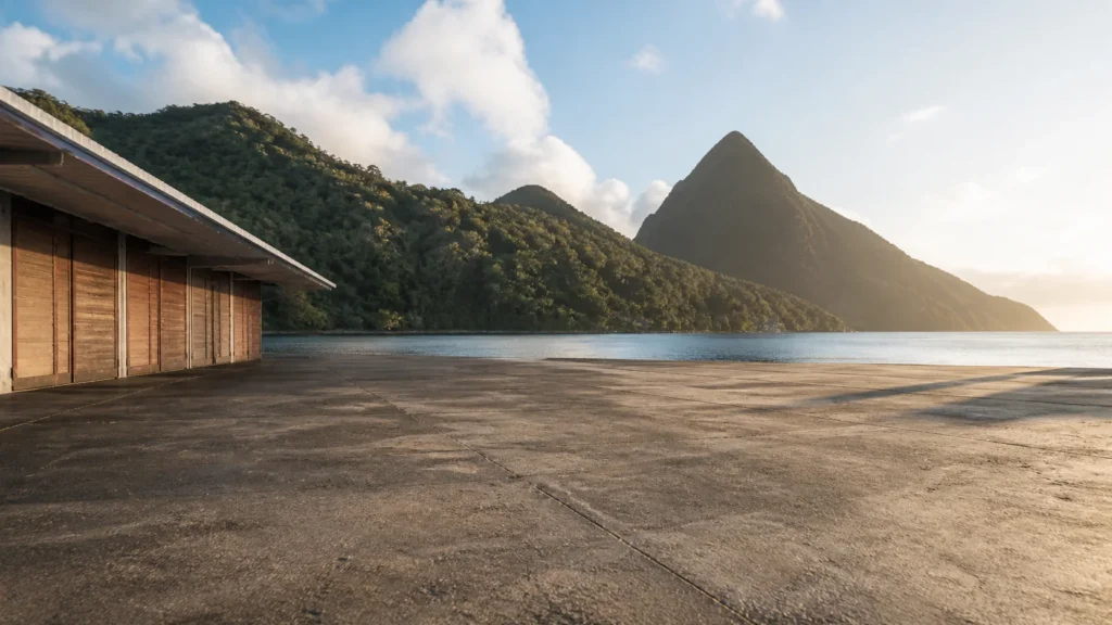 AI-generated editorial visualization of an anonymous ground-level Soufriere public-realm, closed-frontage and distant bay context; not an exact square, market, waterfront, building, operation, access or current-condition record.