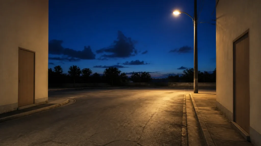AI-generated editorial visualization of an anonymous pedestrian-eye-level Gros Islet public T-junction after closing; not an event, gathering, exact street, facade, operation, access or current-condition record.