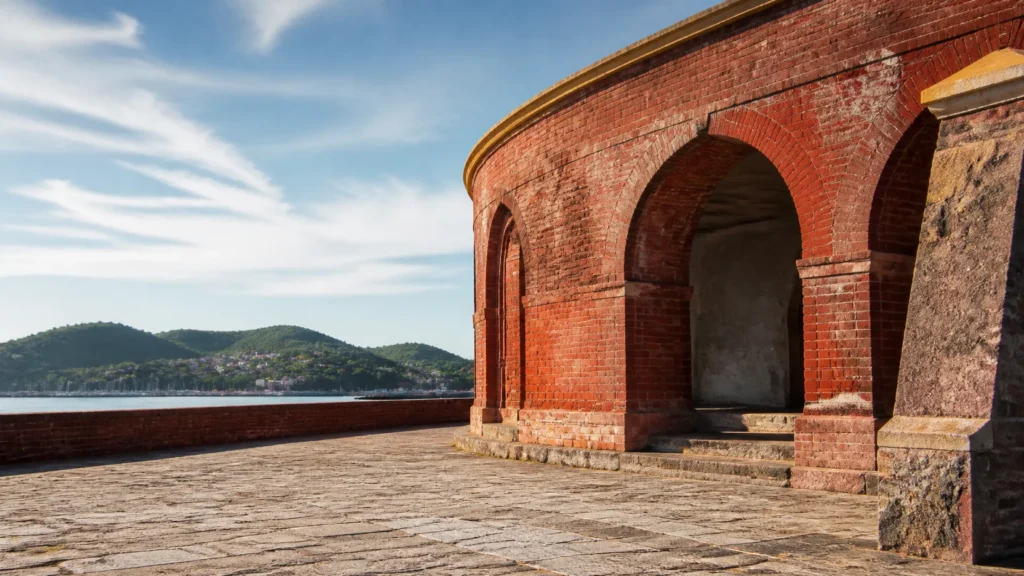 AI-generated editorial visualization of Fort Christian, Charlotte Amalie.