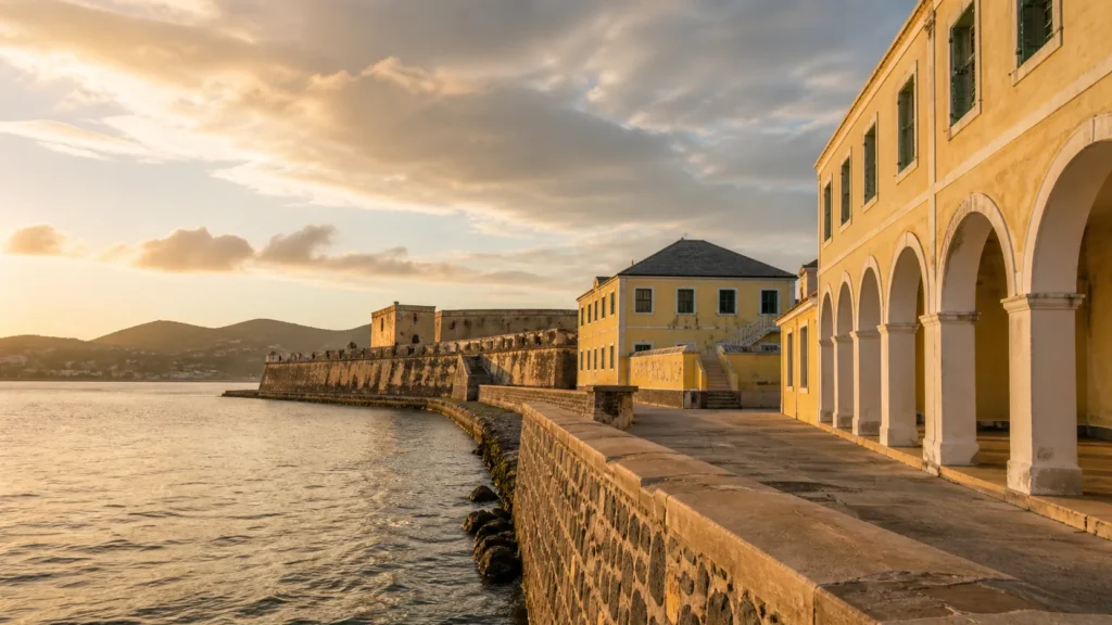 AI-generated editorial visualization of Christiansted National Historic Site, St. Croix.