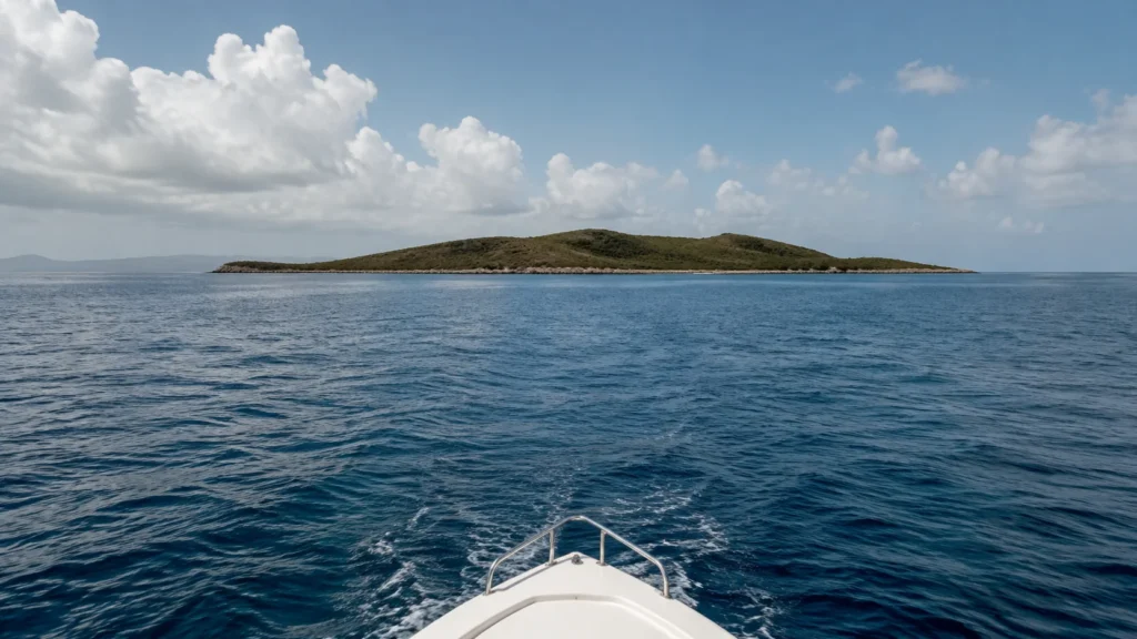 AI visualization from an unbranded vessel bow approaching the low green profile of Buck Island, St. Croix