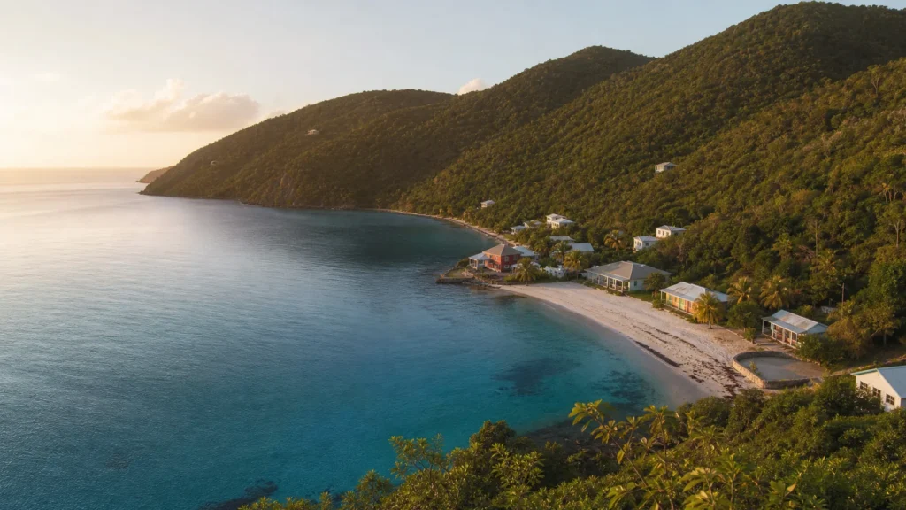 AI-generated editorial visualization of Great Harbour, Jost Van Dyke.