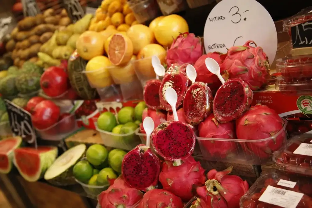 Fruit stalls at La Boqueria Market in Barcelona