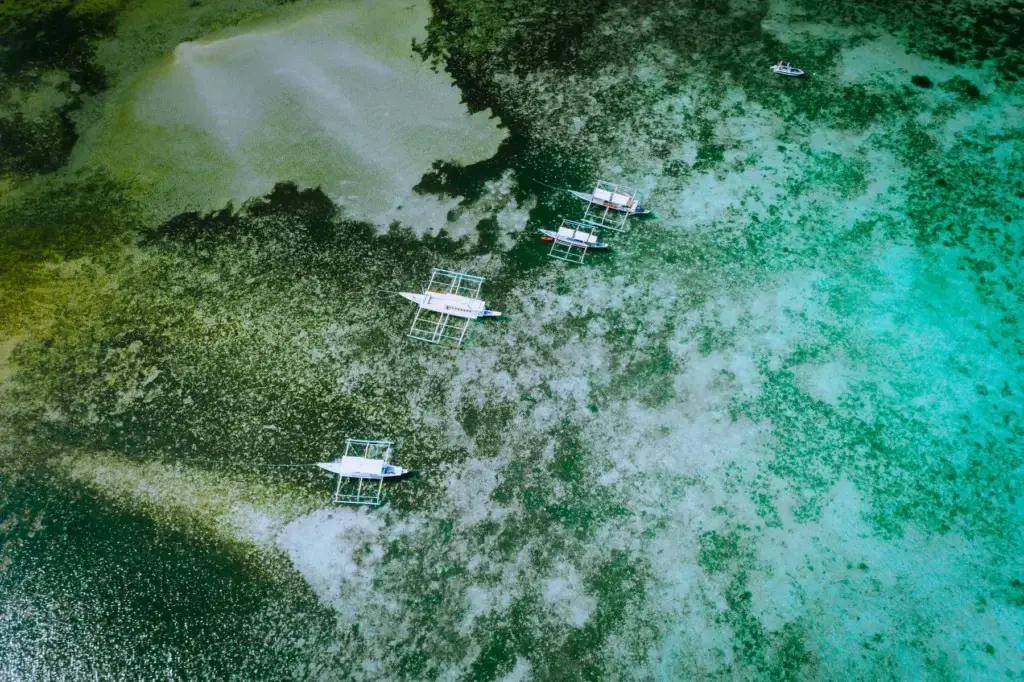 Banca boats and coral reef in a shallow lagoon