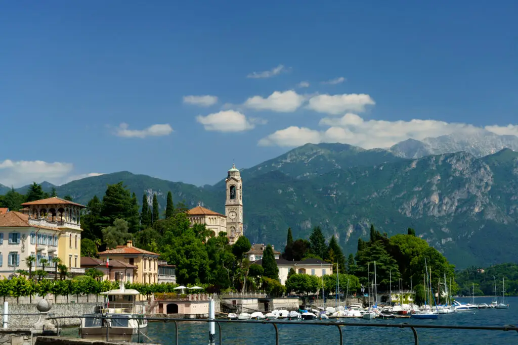 Tremezzo waterfront and mountains beside Lake Como, Italy