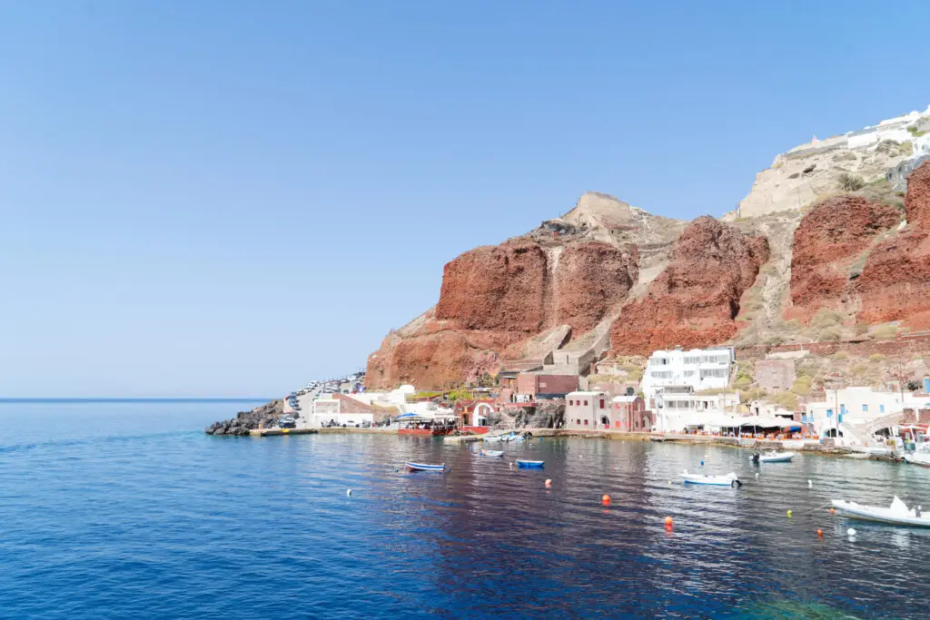 Ammoudi Bay beneath red cliffs on Santorini, Greece
