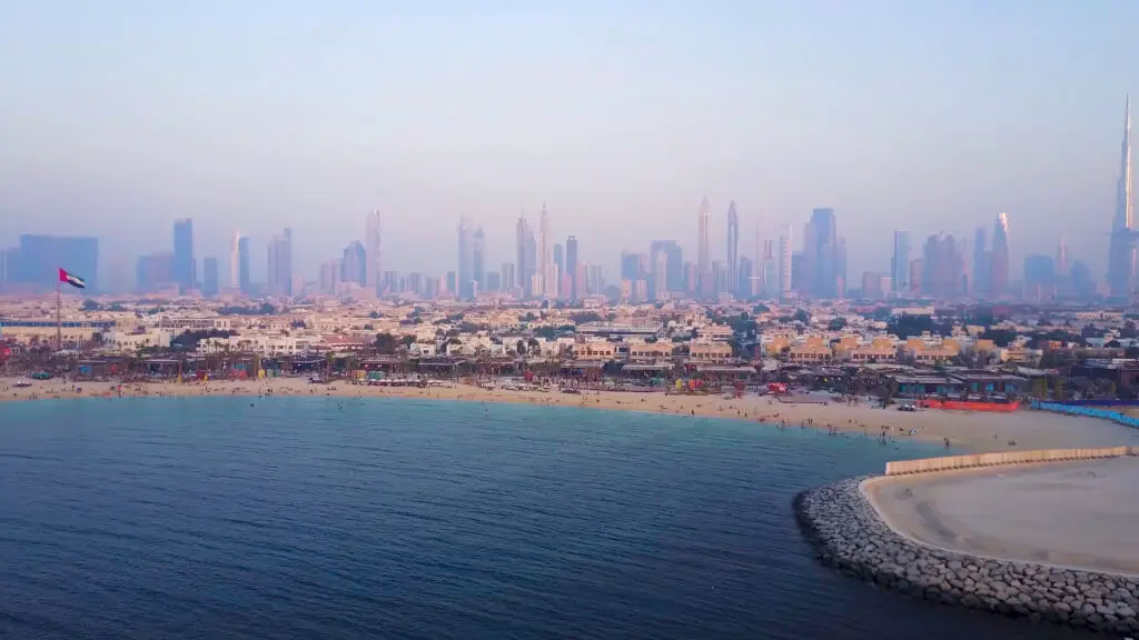 Jumeirah beach and water with the Dubai skyline beyond