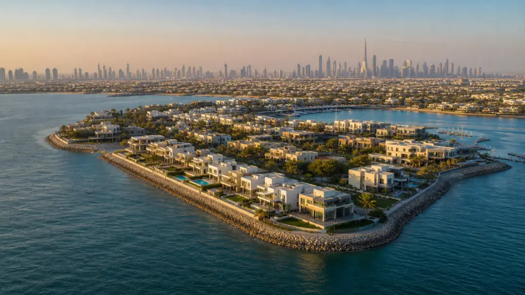 Jumeira Bay Island and quiet marina water in Dubai