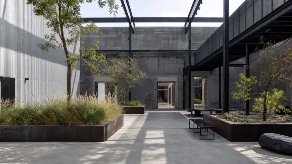 Contemporary gallery courtyard in an adaptive-reuse Dubai arts district