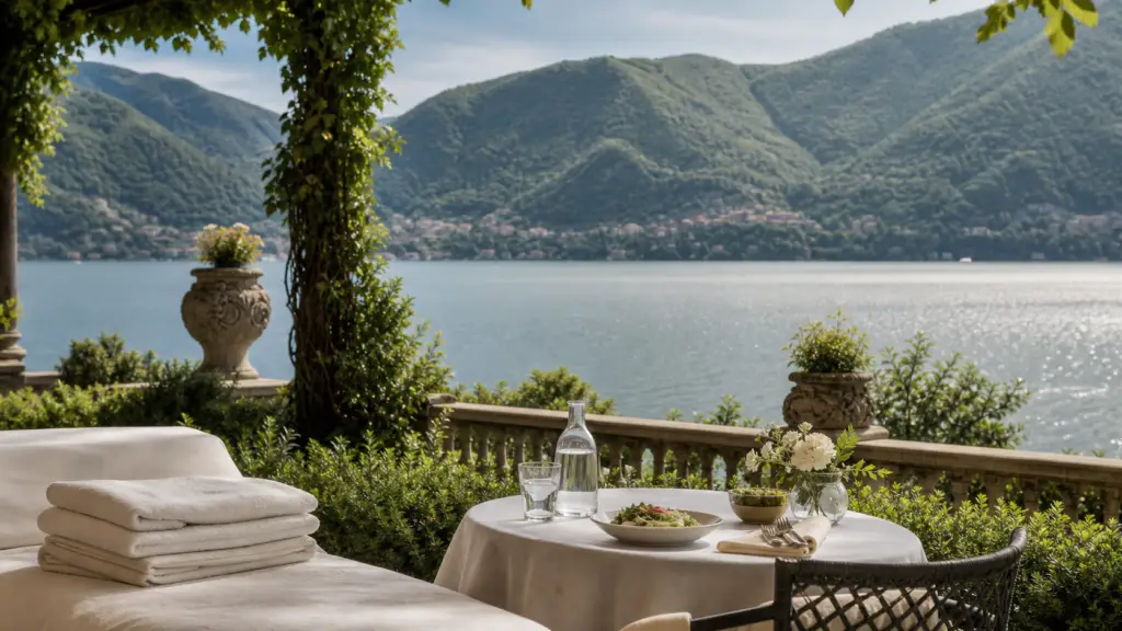 Quiet garden terrace with a light lunch overlooking Lake Como