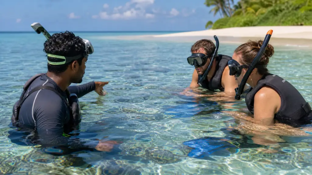 Marine guide leading two travelers safely into a Maldives house reef