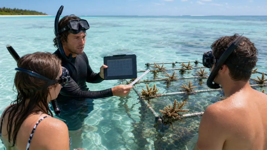 Marine biologist briefing travelers beside a coral restoration frame in the Maldives