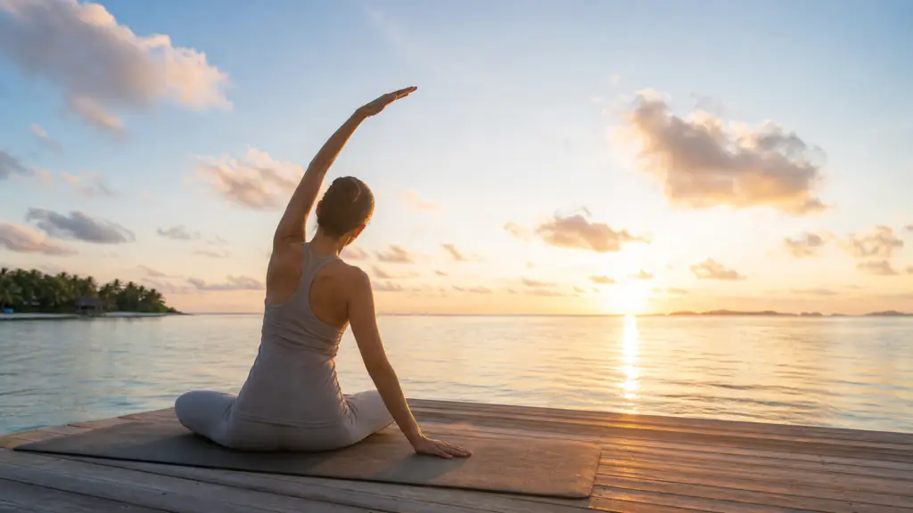 Traveler practicing gentle sunrise movement on an overwater deck in the Maldives