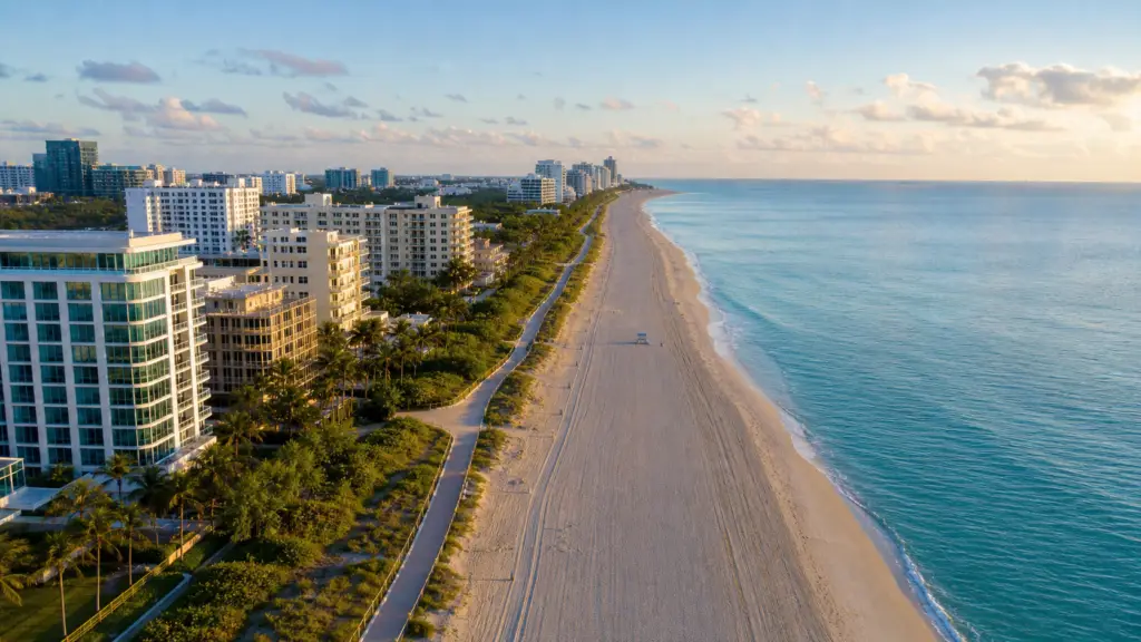 Surfside beachfront and urban coast near Bal Harbour