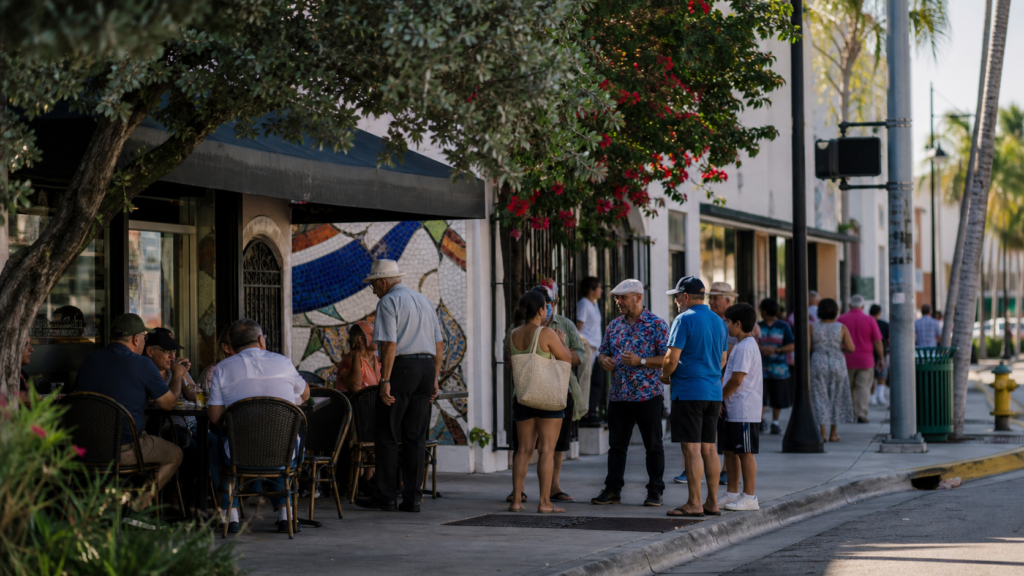 Neighborhood street life and cafe frontage in Little Havana, Miami