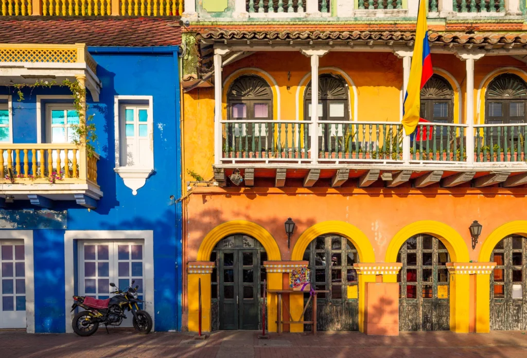 Colorful street-front architecture in Cartagena, Colombia.