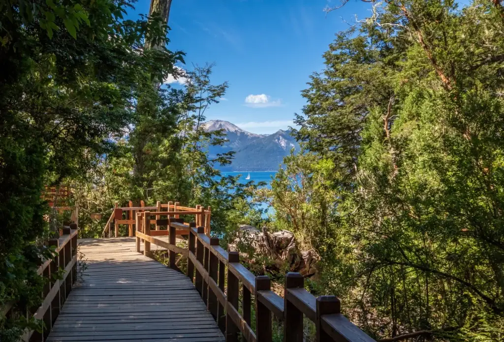 A boardwalk in Arrayanes National Park near Villa La Angostura, Argentina.