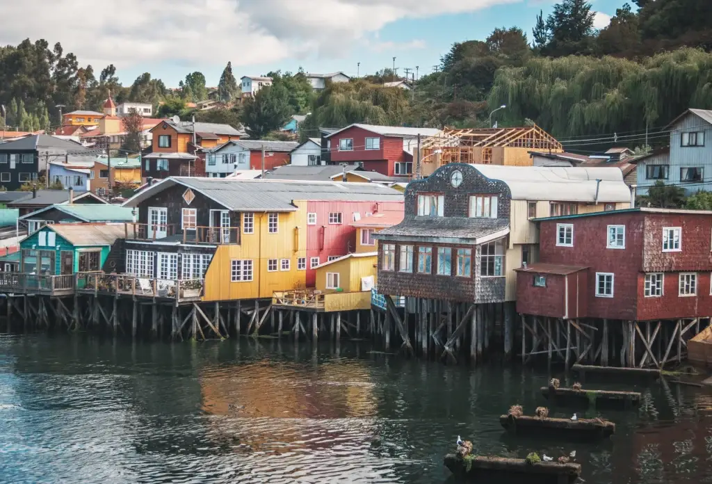 Gamboa palafitos on the waterfront in Castro, Chiloé, Chile.