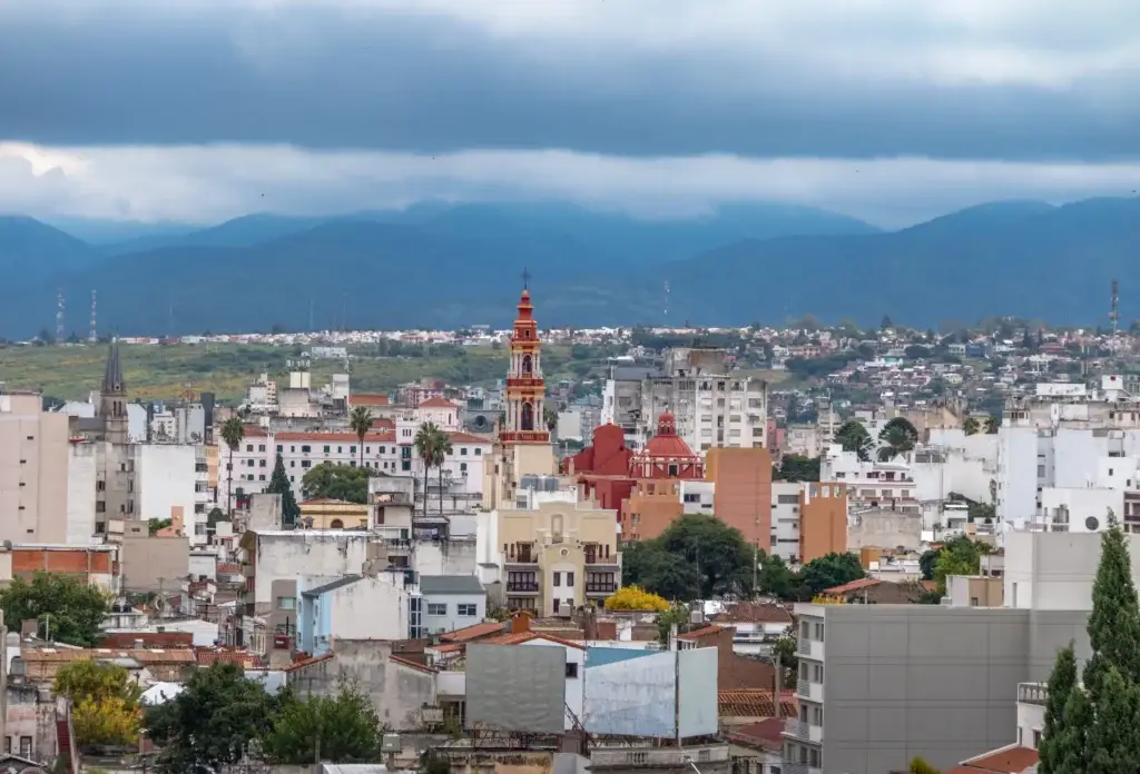 Salta city with San Francisco Church and the surrounding mountains, Argentina.