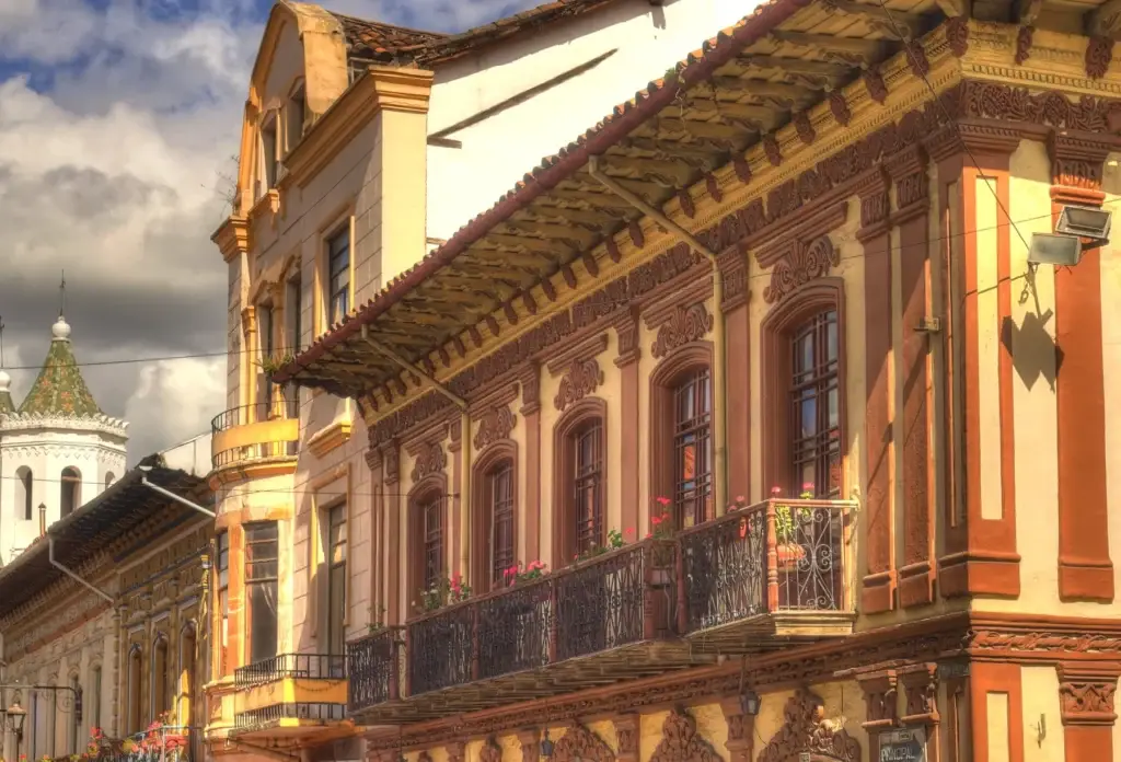 Historic façades and balconies in Cuenca, Ecuador.