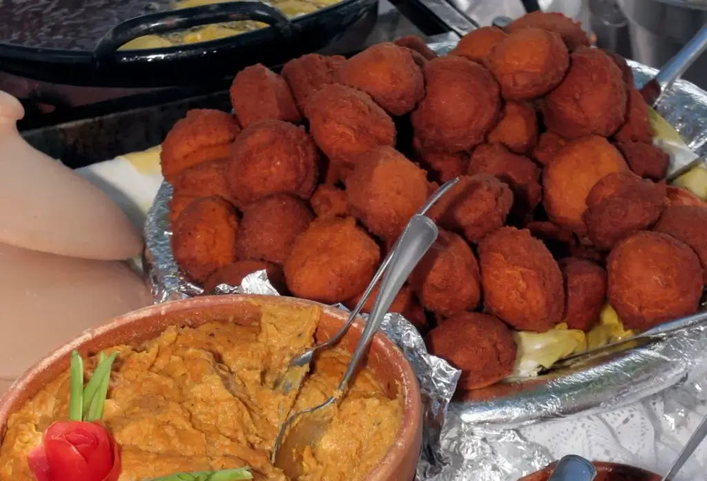Acarajé and accompaniments in Bahia, Brazil.