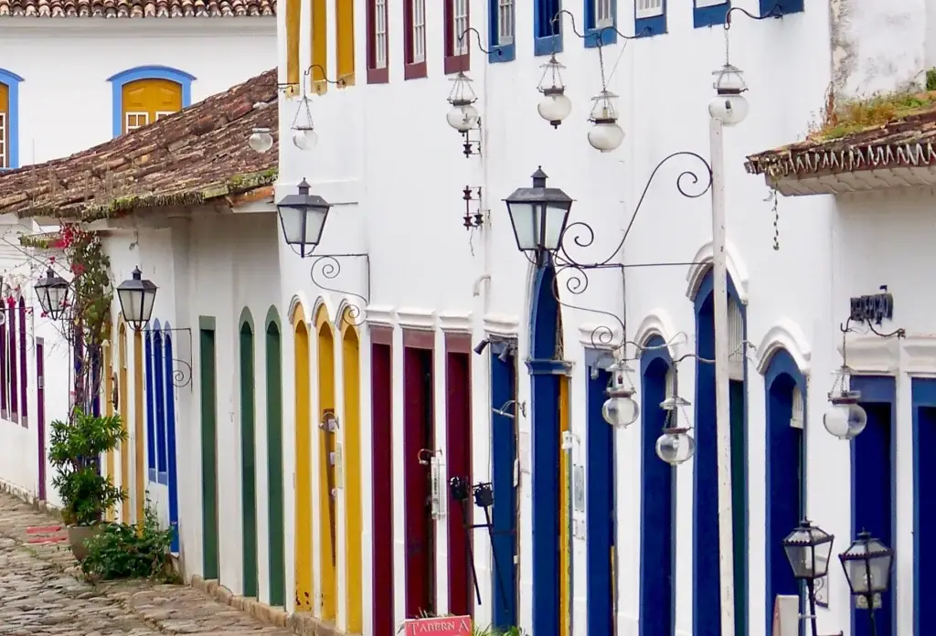Cobblestone streets and colonial facades in Paraty, Brazil.