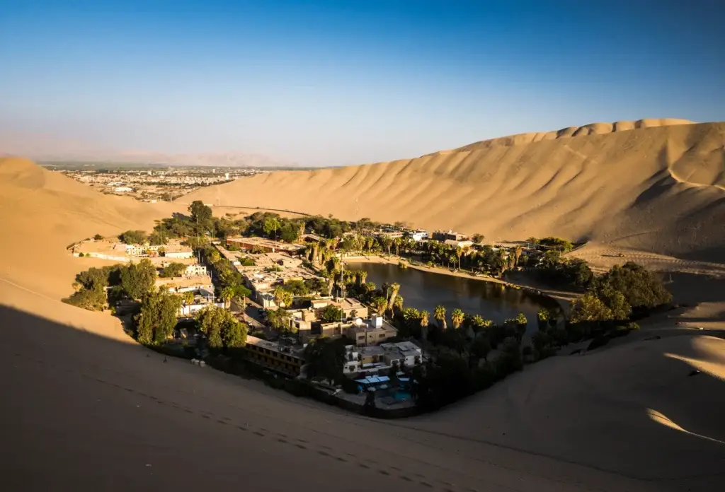 Huacachina oasis and surrounding dunes in the Ica region, Peru.