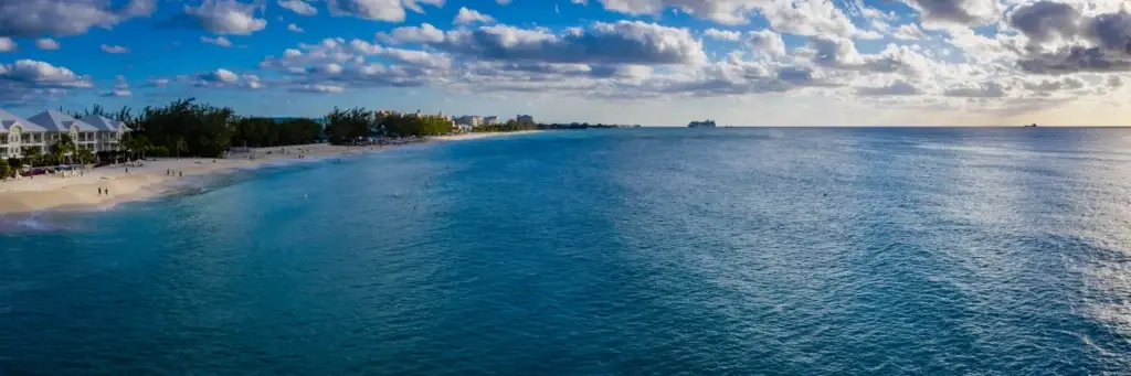 Grand Cayman coastline and Seven Mile Beach from above.