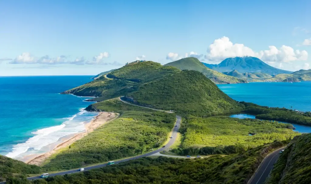 Coastal hills and road on St. Kitts.