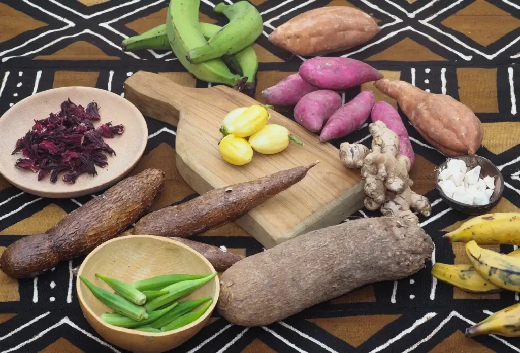 Illustrative still life of tropical produce; not photographed as a Huahine market or harvest.