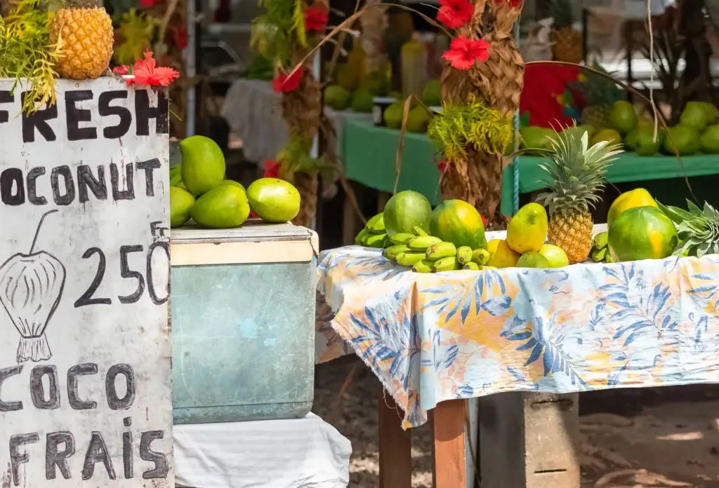 Fresh tropical fruit displayed for sale on Moorea.
