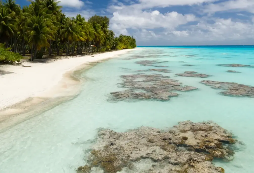 Fakarava’s white-sand shoreline and shallow lagoon waters.