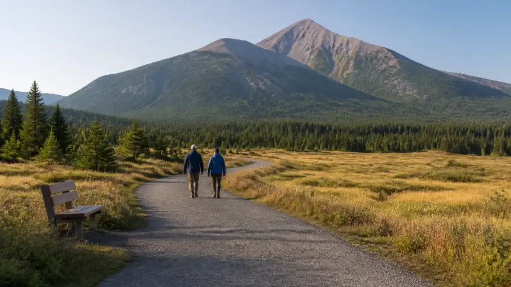 Big Sky mountain village, trail or quiet resort landscape without hotel branding